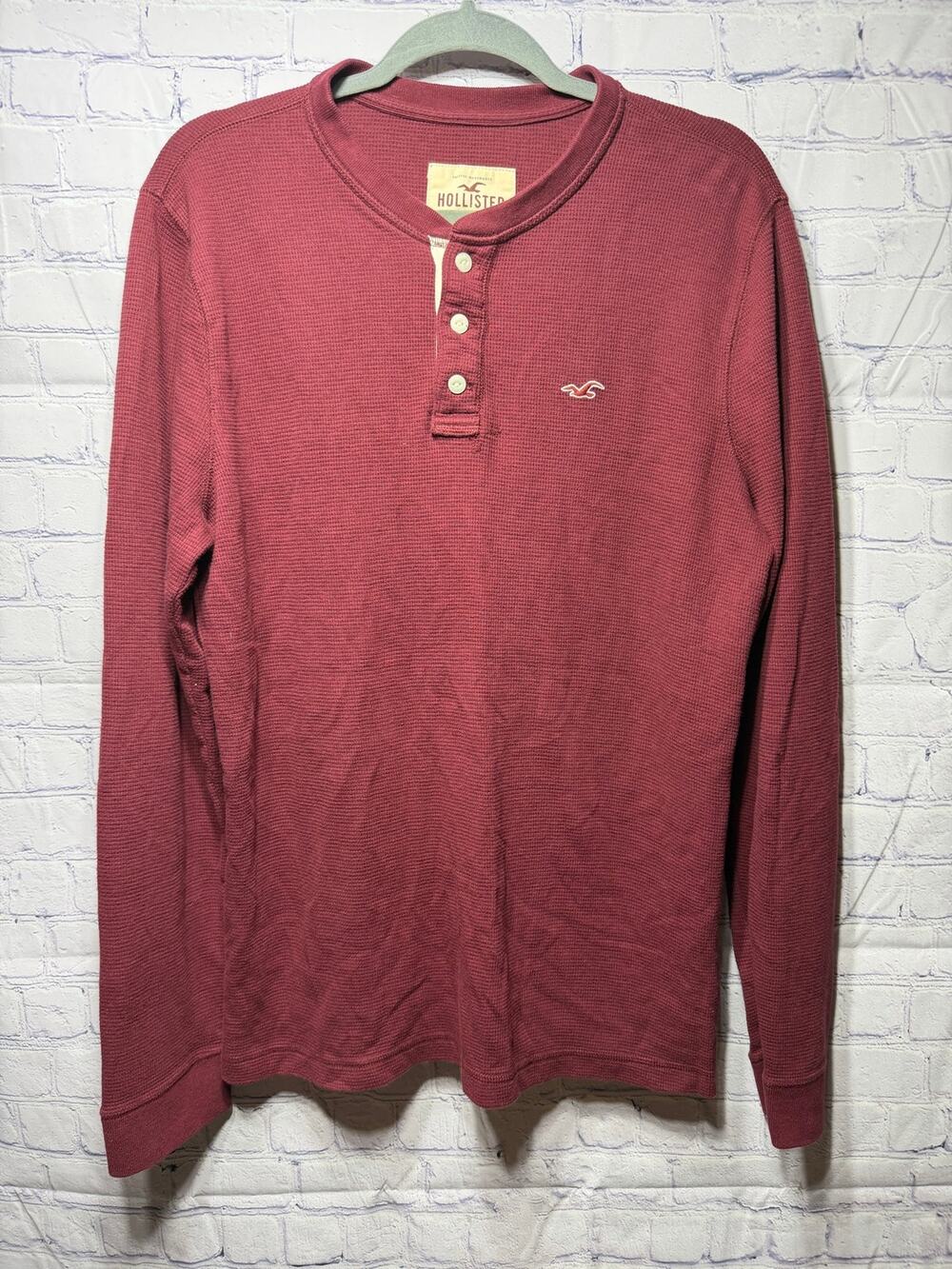 Hollister Mens Long Sleeve Henley Thermal Waffle Top Red Sz XL Y2K 90s